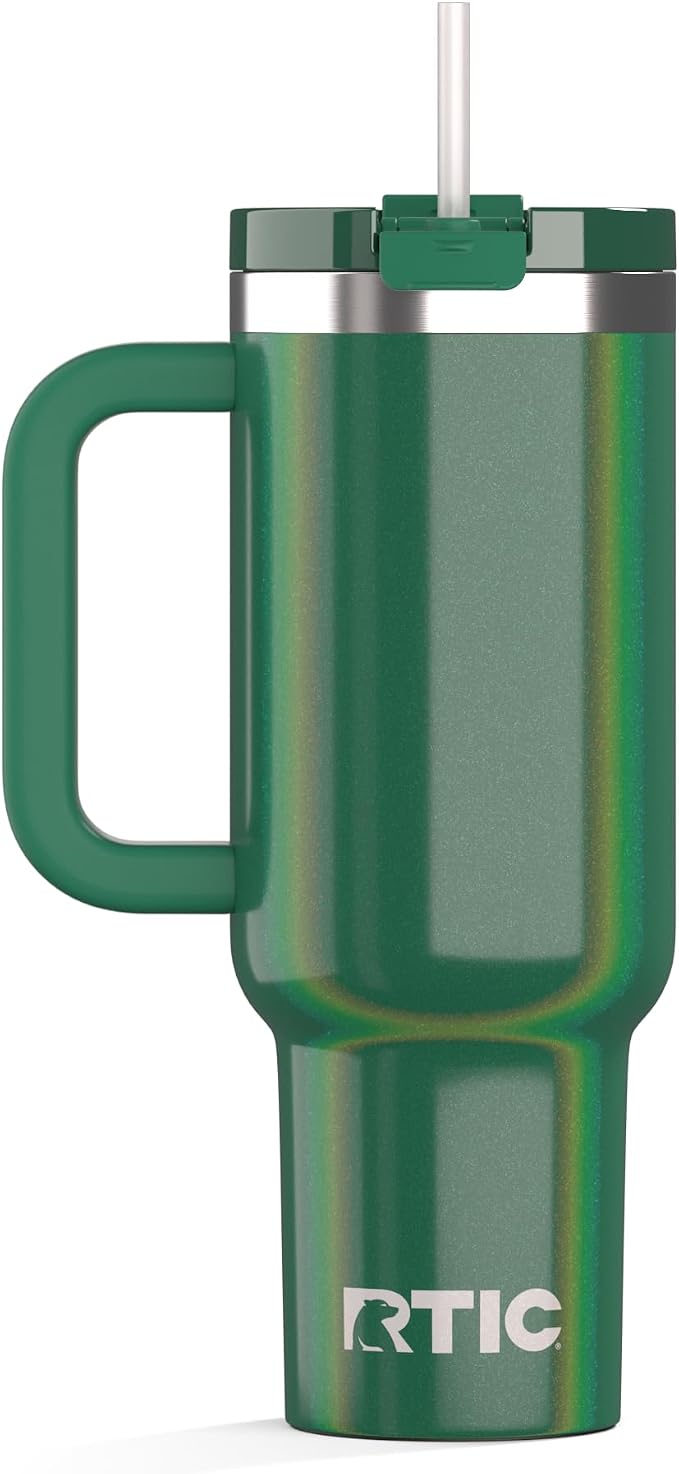 RTIC 40oz Road Trip Tumbler, Insulated, Ceramic Lined, Pine Tree Glitter | with Lid, Handle and Straw, Stainless Steel Metal Cup, Portable for Hot and Cold Drinks, Coffee, Car, Camping, Travel