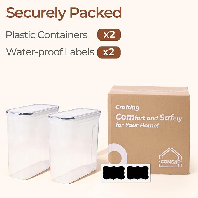 ComSaf Airtight Cereal Storage Containers with Lids 6.7Qt 2Pack, Easy Pour | Plastic Food Canister, Cereal Rice Oats Beans, Pantry Kitchen Cabinet, Dispenser with Label, Spout, Large Capacity, BPA-free