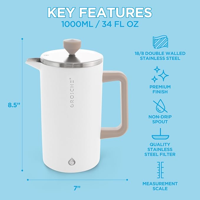 GROSCHE Dublin Double Wall Stainless French Press, White, 8 Cup, 34 oz | Fine-Mesh Filter Reduces Grit, Insulated Body Retains Heat, Dishwasher-Safe Parts Simplify Cleanup for Daily Hot or Cold Brew