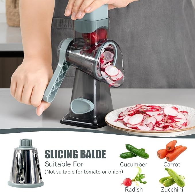 Rotary Cheese Grater Pro 6 in 1 - Shredder Crinkle Slicer Grinder Ice Shaver, Stable Suction, Time-saving Easy Use & Clean, Safe Morden Kitchen Tool for Cheese, Vegetable, Nuts, Chocolate