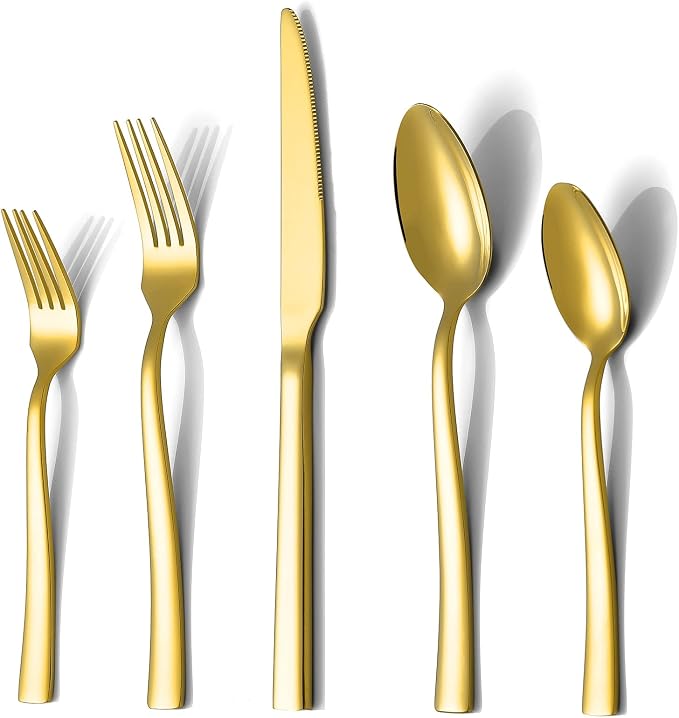 Gold Silverware Set for 8, 40 Pieces Flatware Set Stainless Steel | Luxury Steak Knife Fork and Spoon Set, Square Handles, Mirror Polished, for Home Kitchen Restaurant Weddings