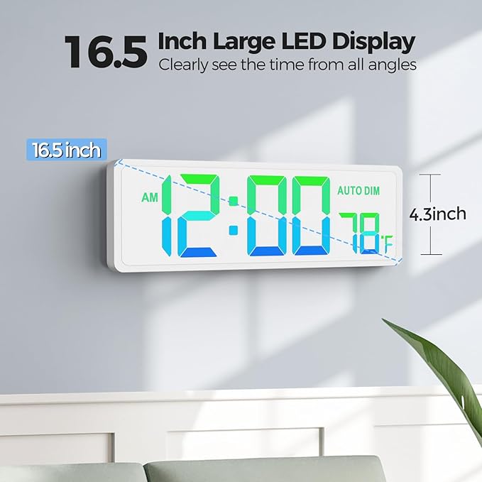 REACHER 16.5" Large Digital Wall Timer Clock, Countdown/up, Remote Control | Auto dimmer, temperature, rainbow LED wall clock for teacher, classroom, home decor, living room, office, gym, cable tidy