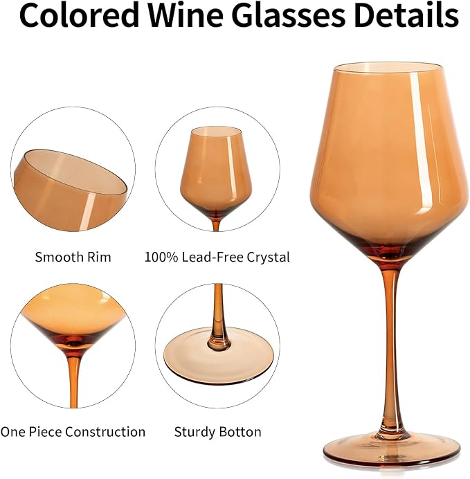 Colored Wine Glasses Set of 4, 13.5oz Lead-Free Crystal | Elegant Long Stem, Hand Blown, Autumn Tones, Fall Dinner Wedding Birthday Party, Ready-to-gift Box