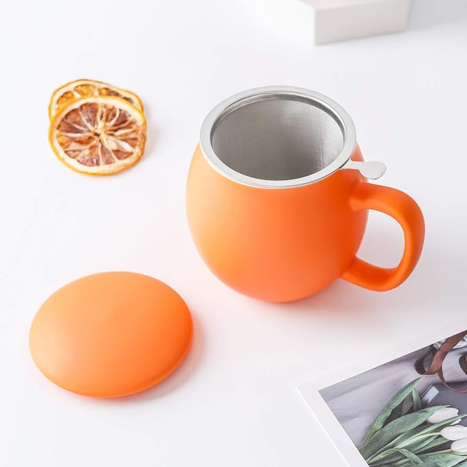Yundu 12 OZ Matte Orange Ceramics Teacup with Infuser and Lid, Mug with Lid for Steeping - Stainless Steel Infuser for Loose Leaf Tea, Home Office Gift for Tea Lovers