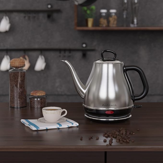Anfilank Electric Gooseneck Kettle, 1L 1500W Fast Boil, 100% Stainless Steel BPA Free Pour-Over Coffee & Tea Kettle, Water Boiler with Auto Shut & Boil-Dry Protection, Silver