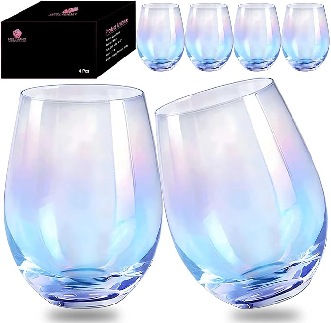 Stemless Wine Glasses Set of 4, 20 Ounce Iridescent Wine Glass for Red or White Wine, Whiskey- Pool Party Beach Travel Cups…