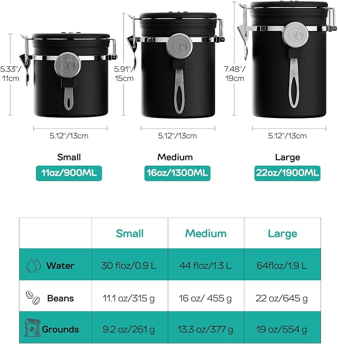Coffee Gator Coffee Canister, 22oz Airtight Stainless Steel Container | w/ Date Tracker, Scoop, Valve, Kitchen Food Storage Jars for Beans, Ground, Rice, Tea, Sugar, Cookie, Bar Accessories, Black