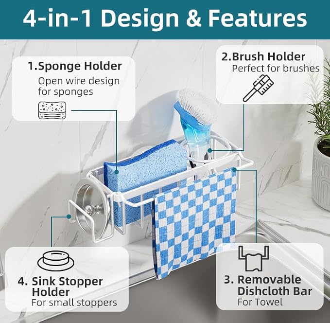 TAILI 4-in-1 Sink Caddy for Kitchen Sink with Strong Suction Cup-White | Removable Sponge Holder for Kitchen Sink Organizer, Rustproof 304 Stainless Steel Holder for Sponge, Brush, Scrubber, Scraper