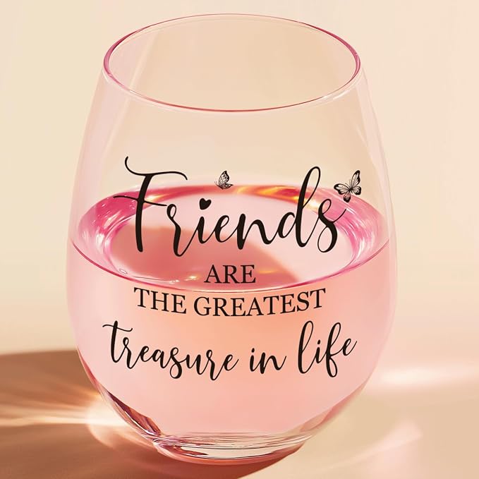 Friend Birthday Gifts for Women, 15 oz Wine Glasses, Dishwasher Safe | “Friends Are The Greatest Treasure In Life” – Scratch-Resistant Wine Glass, Best Friend Birthday Gifts for Women (Black)