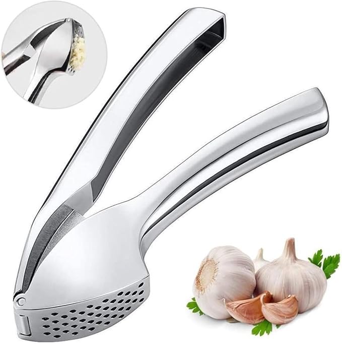 Heavy Duty Garlic Press, Zinc Alloy Garlic Crusher & Mincer, Easy Squeeze Garlic Press Tool with Ergonomic Handle, Garlic Mincer with Peeler Tube & Cleaning Brush for Kitchen Cooking