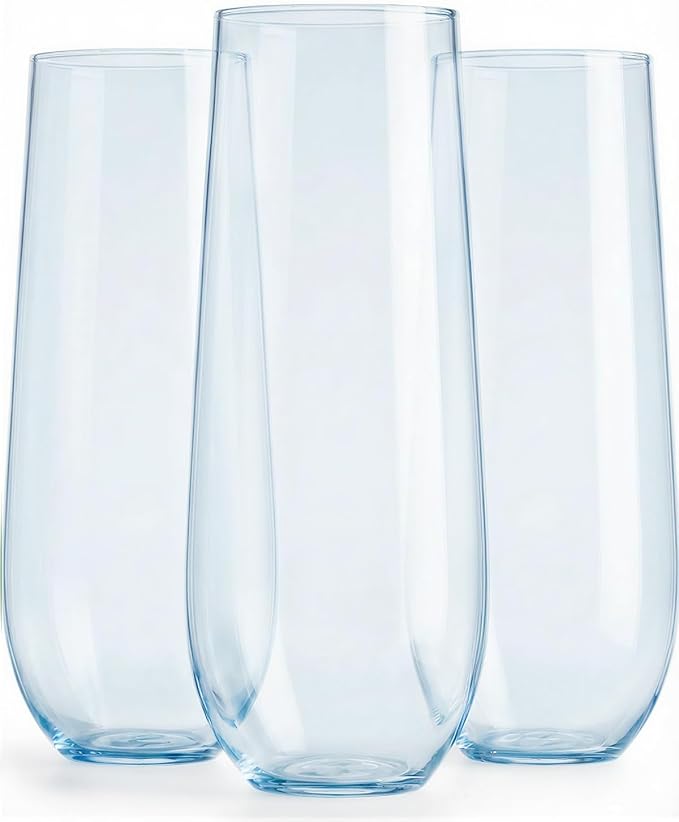 24 Pack Plastic Champagne Flutes, 9 Oz Disposable Wine Mimosa Glasses | Stemless Champagne Flutes Cocktail Glasses, Plastic Party Cups for Bridal Shower Bachelorette Party (Blue)