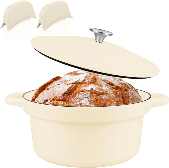 7QT Dutch Oven Pot With Lid, Enameled Cast Iron Dutch Ovens for Sourdough Bread Baking, Non-Stick Ceramic Dutch Oven Cooking Pot, Oven Safe, White (10 Pcs Bread Paper Liners)