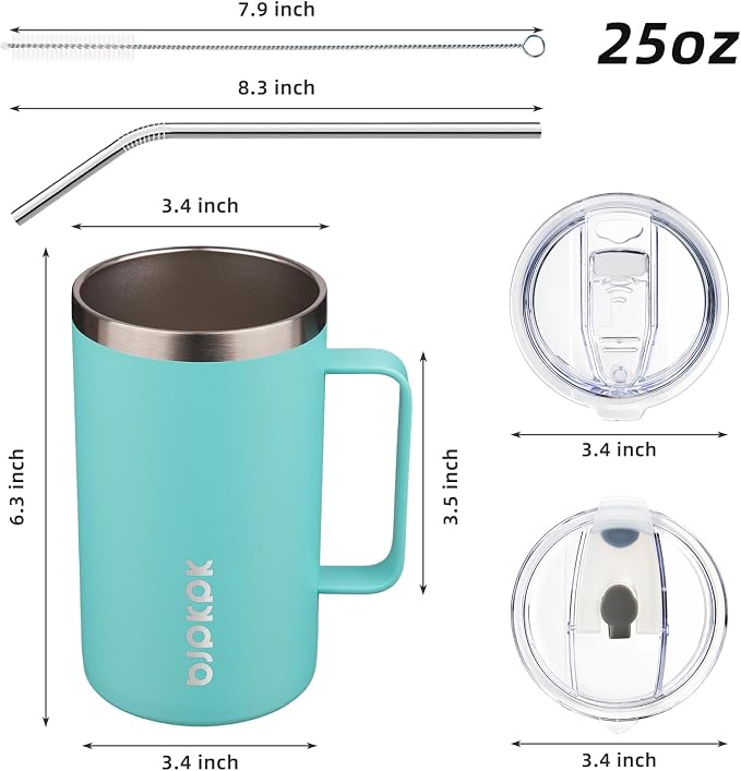 BJPKPK 25oz Insulated Coffee Mug with Handle, Stainless Steel Travel Mug | Keeps Drinks Hot & Cold, Double Wall Vacuum, 2 Lids Included, BPA-Free Coffee Tumbler for Home, Office & Travel