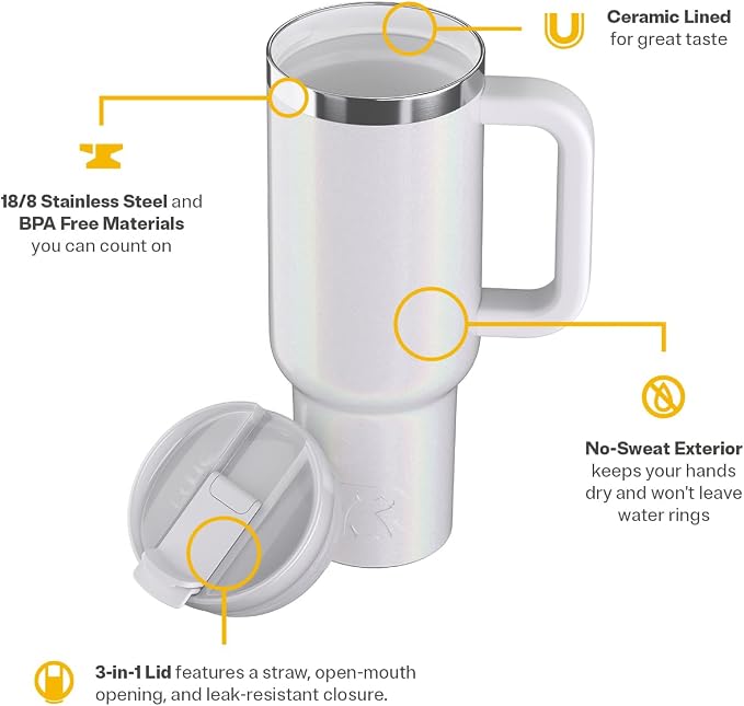 RTIC 40oz Road Trip Tumbler, Insulated, Ceramic Lined, White Glitter | with Lid, Handle and Straw, Stainless Steel Metal Cup, Portable for Hot and Cold Drinks, Coffee, Car, Camping, Travel