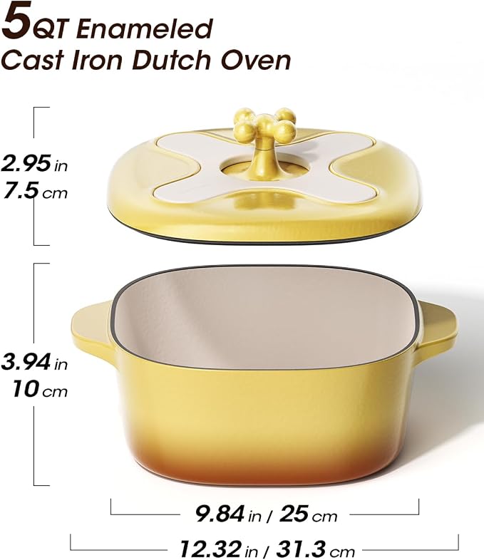 5 Quart Enameled Cast Iron Dutch Oven Pot with Lid, Bright Yellow | 6-Layer Nonstick Enamel, Extra Capacity Oval Design, Heavy Self-Basting Lid, Heat-Resistant Silicone Pad Included