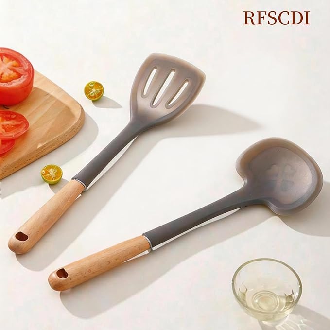 2-Piece Cooking Spatula Set - German standard Food-Grade Silicone with Steel Core, Heat Resistant Up to 500℉, Non-Stick Cooking Utensils for Kitchen with Ergonomic Non-Slip Handle (Gray)