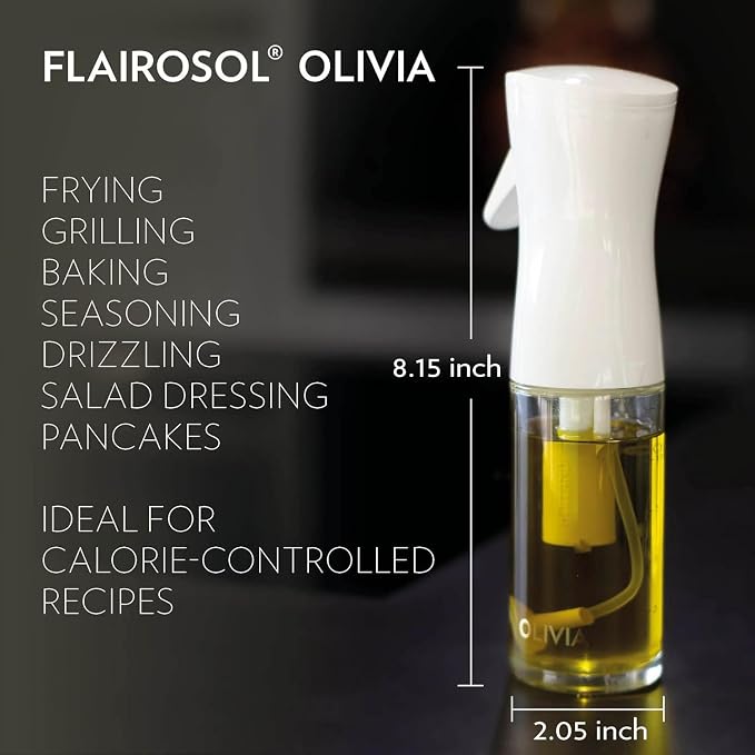 FLAIROSOL OLIVIA SIGNATURE Oil Sprayer, 130ml Glass, Golden Leaves | Portion control mist for air fryer, salad, BBQ, refillable & reusable, fine mist olive oil kitchen sprayer, anti-drip