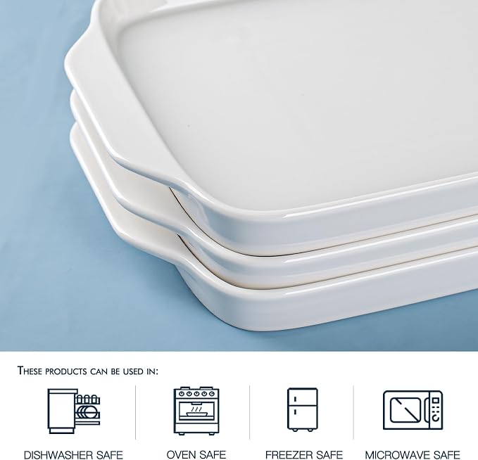 Dizada Large Serving Platter with Handles 16"x9" - White Porcelain Serving Trays Set of 3, Rectangular Platters for Entertaining, Party, Appetizer, Charcuterie