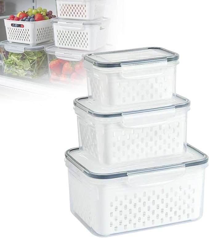 Food Storage Containers for Fridge with Removable Colander,Leakproof Food Storage Containers,Dishwasher Safe Produce Saver, Keep Berry Fruit Fresh Longer (850ML+1750ml+3300ml)