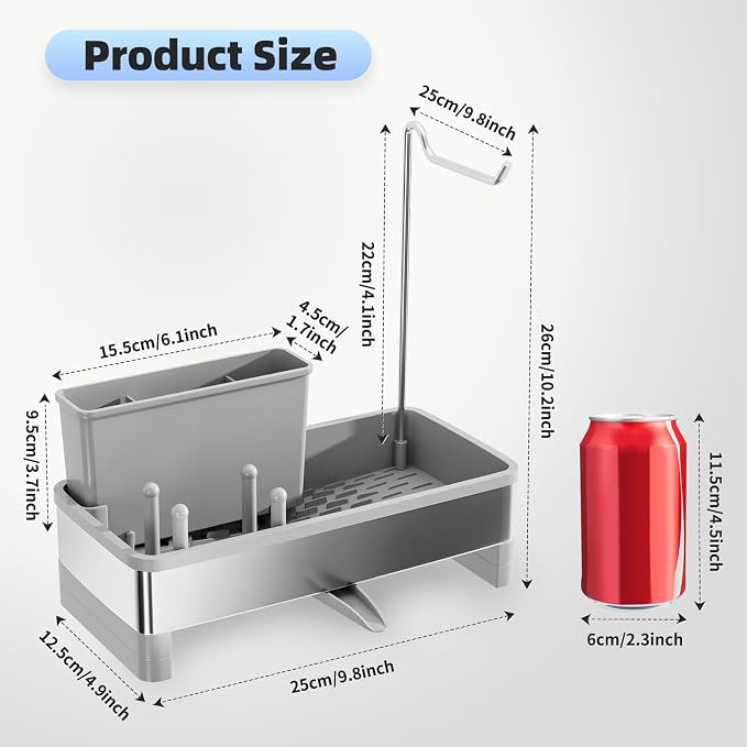 Ewaiira Sponge Holder for Kitchen Sink, Stainless Steel Sink Caddy | with Brush Holder & Dishcloth Rack, Countertop Sink Organizer, Soap Dispenser Kitchen Organizers Storage (F-Gray 9.8″)