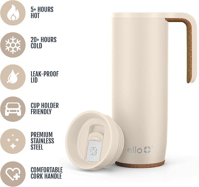Ello Magnet 18oz Insulated Stainless Steel Travel Mug with Handle, Limestone
