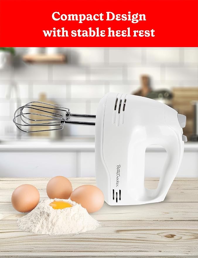 Betty Crocker 5-Speed Hand Mixer, 150 Watts Power, BC-4203WT, White | Easy-Clean Chrome Plate Beaters, Beater Eject Button, Heel Rest, Sleek Compact Design, Apartment Essentials