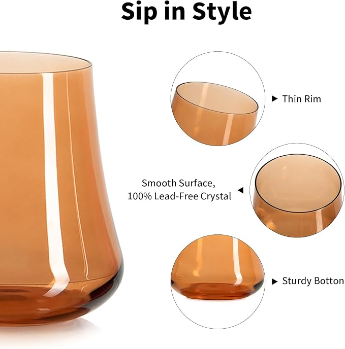Crystal Colored Stemless Wine Glasses Brown Fall, 15oz Set of 4 | 4 Colorful No Stem Wine Glass, Hand Blown Lead-free, Tapered Rim, Stable Base, Autumn Winter Dinner Daily Use, Ready to Gift