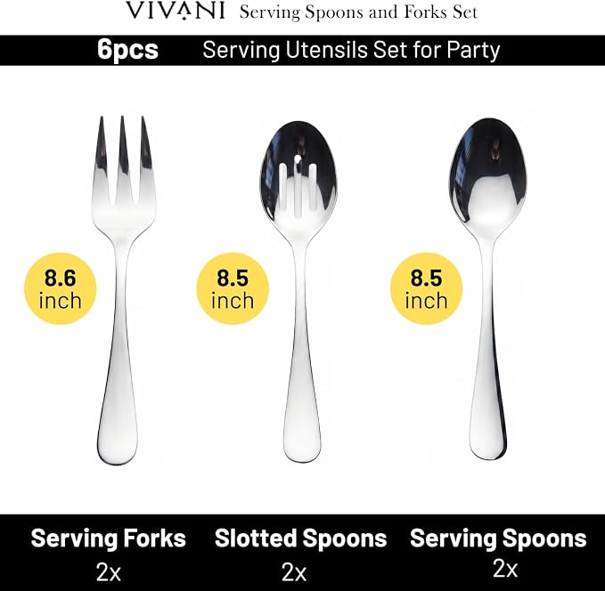VIVANI 6-Piece Serving Spoons and Forks Set, 8.6 Inch Serving Utensils Set | 18/0 stainless steel, solid construction with weighted balanced handle, dishwasher safe for parties, buffet and catering