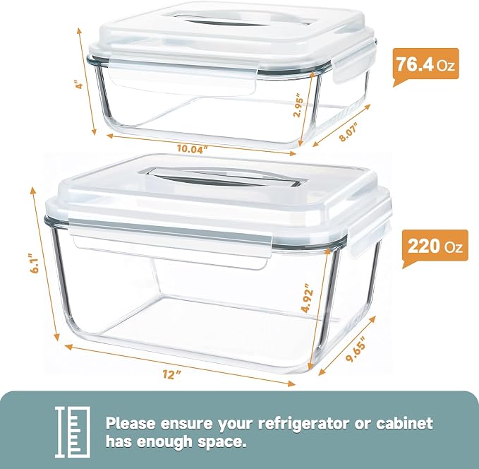 2 Pack 220oz+76.4oz Extra Large Glass Food Storage Containers Set with Airtight Lids, Big Glass Meal Prep Containers, Ideal for Storing Rotisserie Chicken, Lasagna,Salads, Leak-proof & BPA-Free