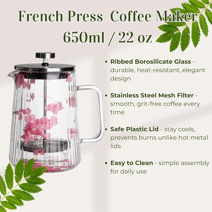 Glass French Press Coffee Maker, Heat Resistant Borosilicate Glass (22oz Pink Floral)