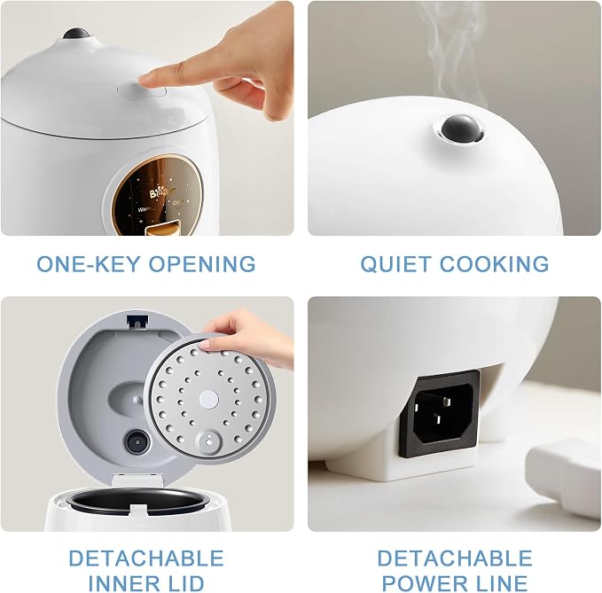 Bear Mini Rice Cooker, 2-Cup Uncooked, Nonstick, Keep Warm, BPA Free, White | Portable 1.2L nonstick small rice cooker for travel, dorm, single serve. One-touch operation, removable pot, auto keep warm
