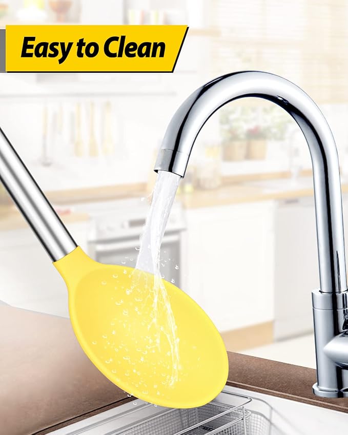 BUNDLEPRO Silicone Cooking Spoons for Non Stick Cookware, 2 Pack, Yellow | Heat Resistant, Large Kitchen Spoons for Mixing, Serving, Draining, Stirring