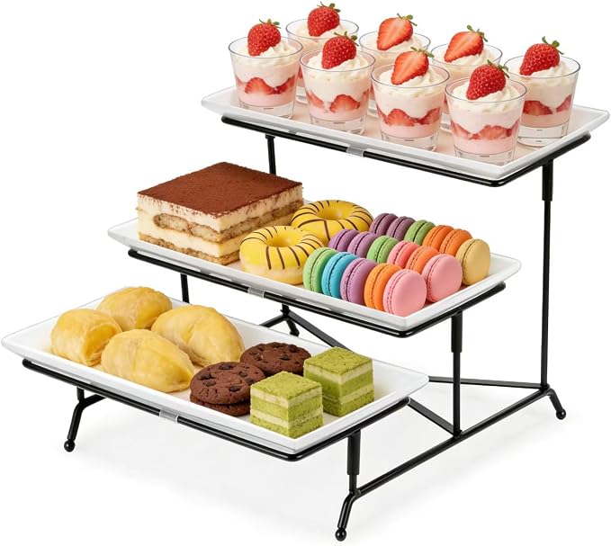 3 Tier Serving Tray, 12" White Plastic Tiered Food Serving Platters, Reusable Tray Stand Black Collapsible Metal Stand with Stable Cross Bars, Party Display Stands for Veggie Fruit, Dessert