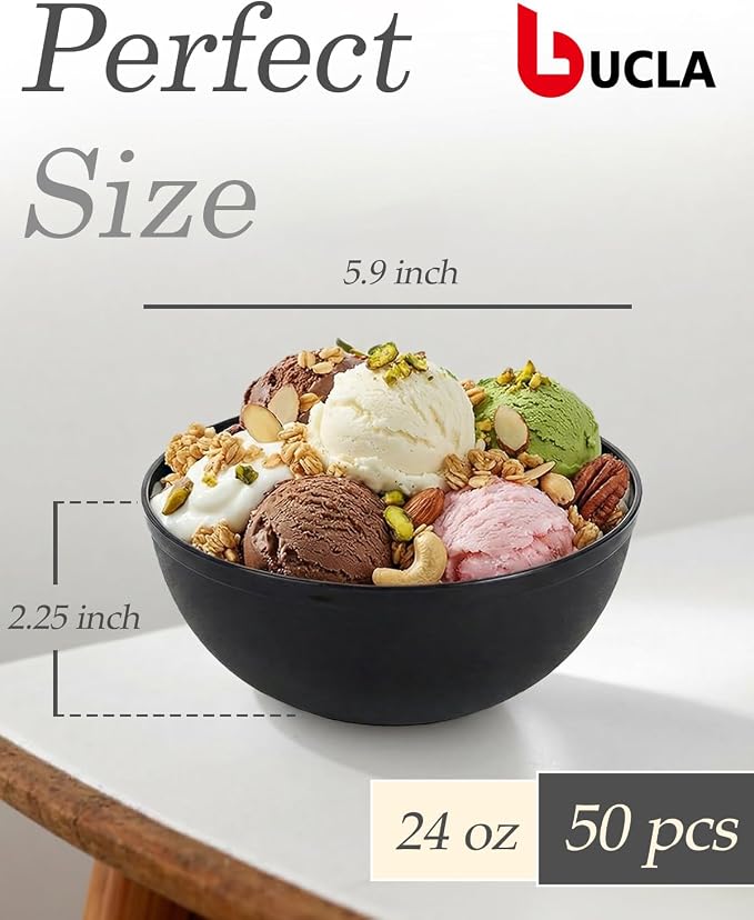 bUCLA 50 Pack Black Plastic Serving Bowls - 24oz Disposable Bowls for Dessert, Soup, Cereal, Salad & Fruit - Ideal for Wedding & Party