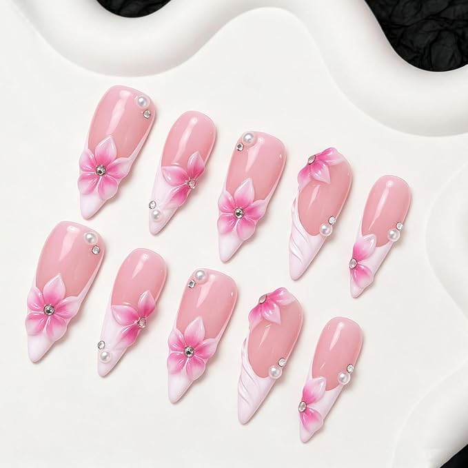 Handmade Press on Nails Long Stiletto Nails Press on with 3D Flower Charm Design Pink French Tips Stick on Nail Hand Made Glossy Fake Nail Luxury Pearl False Nails for Women (M)