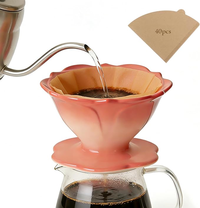 Premium Ceramic Pour Over Coffee Dripper，Includes 40pcs Coffee Filter Papers, suitable for home and travel, Flower Petal Dripper（Gradient Red）