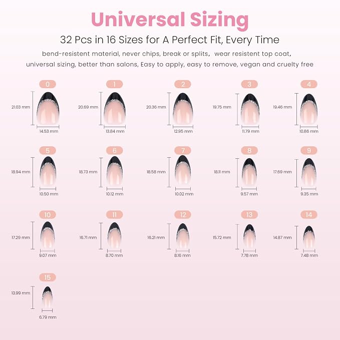 Nail Reformation Press On Nails, Silver Lining | Short Almond Fake Nails | 16 Sizes 32 Pcs Black Glitter French Tip on Nude Base in Glossy Finish Reusable Stick On Nail, False Nail Kit for Women Gifts