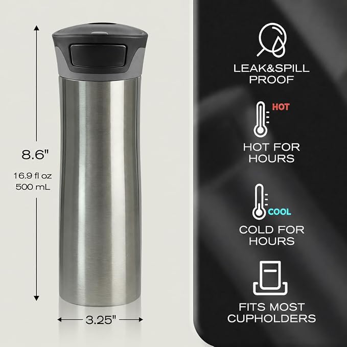 17 oz / 500 ml Travel Coffee Mug, One-Handed Pink Insulated Coffee Tumbler with Lid, Leak Proof Stainless Steel Coffee Cup, Reusable Water Bottle for Office, Car, Travel, Hot Coffee and Cold Drinks