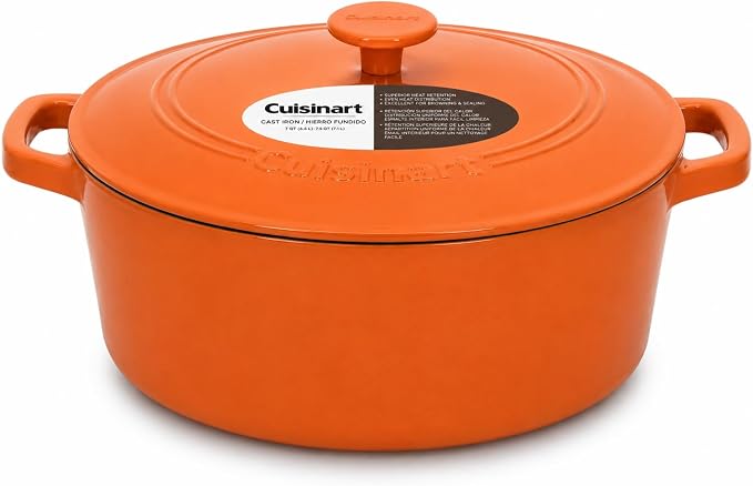 Cuisinart Chef's Classic Enameled Cast Iron Dutch Oven with Lid, Porcelain Enameled Interior, Oven Safe, Induction Compatible, 7-Quart, Round, Terracotta Orange
