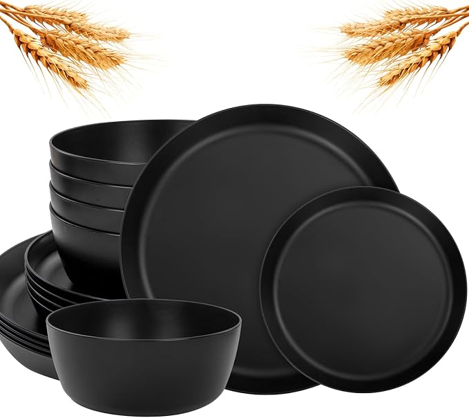 EjonirInjonir 12pcs Black Plates and Bowls Sets for 4 Unbreakable Outdoor | Reusable Stackable Black Plastic Plates and Bowls Sets for Outdoor Catering, RV Camping, College Dorms & Special Parties
