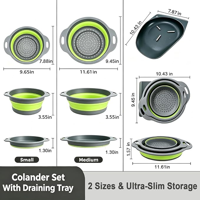 AUOON Collapsible Colander Set (3QT + 4QT) with Draining Base, Gray+Green | Fast Draining, Heat-Resistant, Dishwasher Safe, Space-Saving, Food-grade TPE & PP for Pasta Noodles Vegetables and Fruits