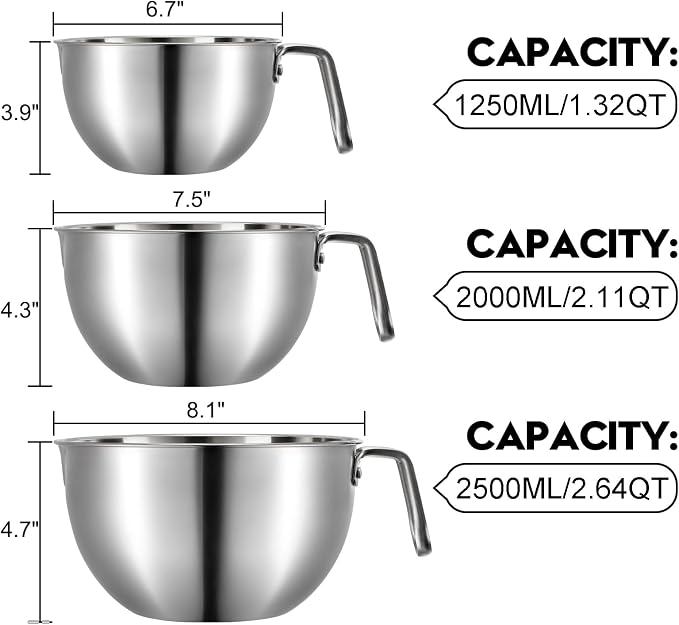 3 Pieces 304 Stainless Steel Mixing Bowls, 1.3/2.1/2.6 Quart Mixing Bowl Set with Handle, Pour Spouts & Measurement Marks, Metal Nesting Bowls with Silicone Spatula for Baking Cooking