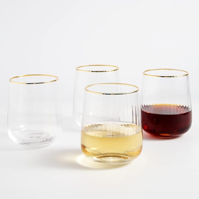 Lysenn Stemless Wine Glasses Set of 4, for Red & White Wine, Gold Rim, 15oz | Hand Blown, Premium Quality, for Dinner Table, Celebration, Holiday Entertaining, Bar Carts and Home Bars, Ideal Wedding Gift