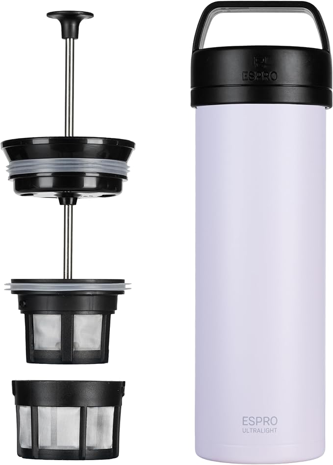ESPRO Go P0 Ultralight French Press Coffee Maker for Travel, Vacuum Insulated Stainless Steel, 16 Ounces, Light Pink