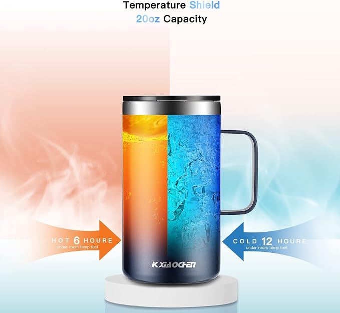 KXIAOCHEN 20 oz Insulated Coffee Mug, Coffee Cup with Lid and Wide Handle | 18/8 stainless steel, 6+ hours hot or 12+ hours cold, wide mouth, no-sweat exterior, for office, work, home and camping