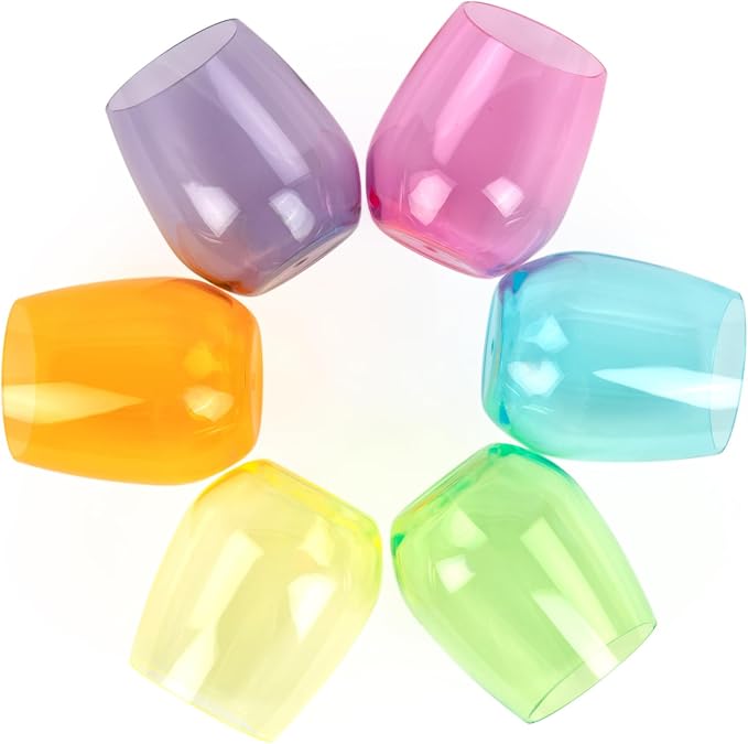 Stemless Wine Glasses Set of 6, 16oz Unbreakable Acrylic Plastic Wine Cups | Reusable Shatterproof Colored Wine Tumblers, Dishwasher Safe BPA Free Drinkware for Outdoor, Pool, Patio, Camping, Party