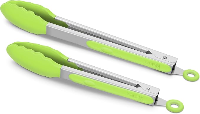 2 Pack Silicone Kitchen Tongs, 9 & 12 Inch, Stainless Steel, Light Green