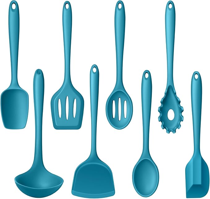 LIANYU Non-Toxic Kitchen Cooking Utensils Set, 8Pcs Blue Silicone Tools | Heat Resistant Cooking Gadgets for Nonstick Cookware, Includes Silicone Spatula, Ladle, Spoon Turner, Dishwasher Safe