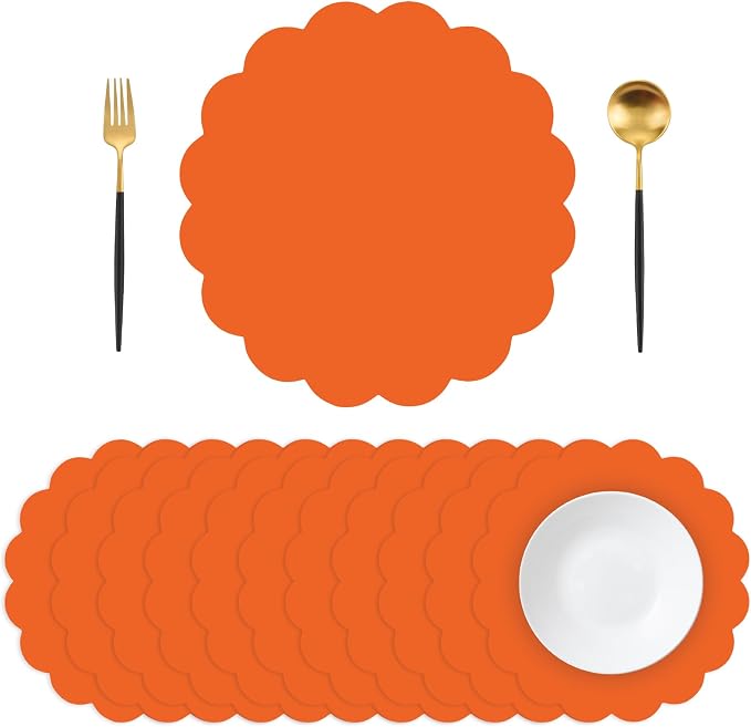 50 Pcs Orange Paper Placemats, 13.5 Inch Disposable Scalloped Placemat Decorative Placemats for Birthday Wedding Baby Shower Banquet Tea Party
