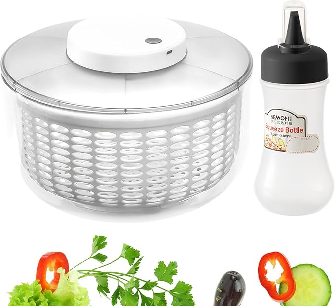 Electric Salad Spinner, 6L Vegetable Washer Dryer with 350ml Squeeze Bottle | Large Capacity Automatic Vegetable Washer Drainer Strainer for Fruit Drying, USB Lettuce Spinner Cleaner for Home Kitchen